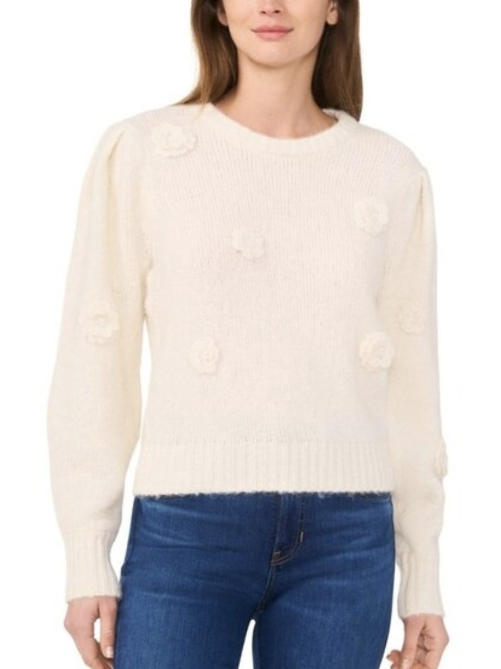 CeCe Cream Crewneck Sweater with 3D Floral Details